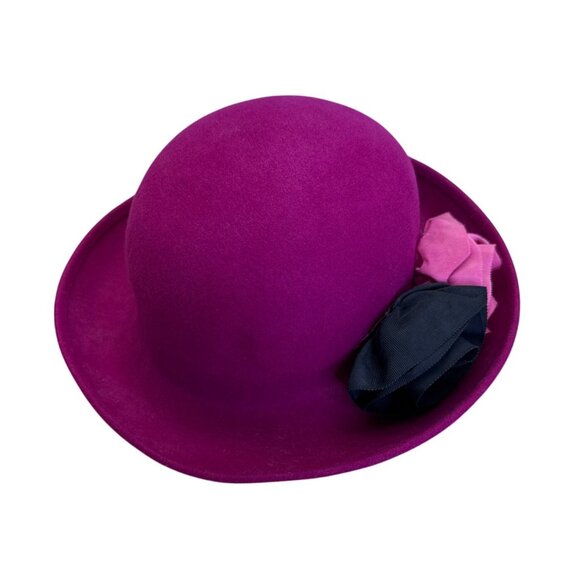 Magenta Wool Bowler Hat With Black & Pink Flower Accents - Picture 1 of 8